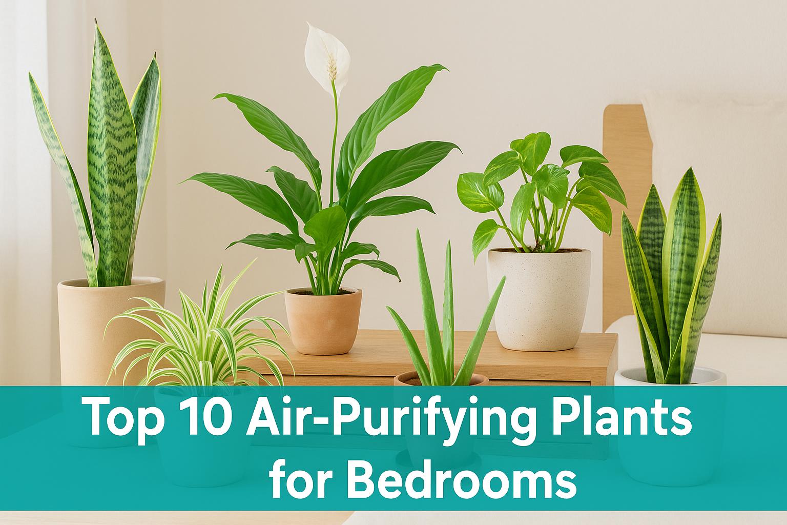 Realistic bedroom setup featuring the top 10 air-purifying indoor plants for clean air, including Snake Plant, Peace Lily, Aloe Vera, Spider Plant, and Pothos—perfect low-maintenance plants for Indian homes and NASA-approved air improvement.